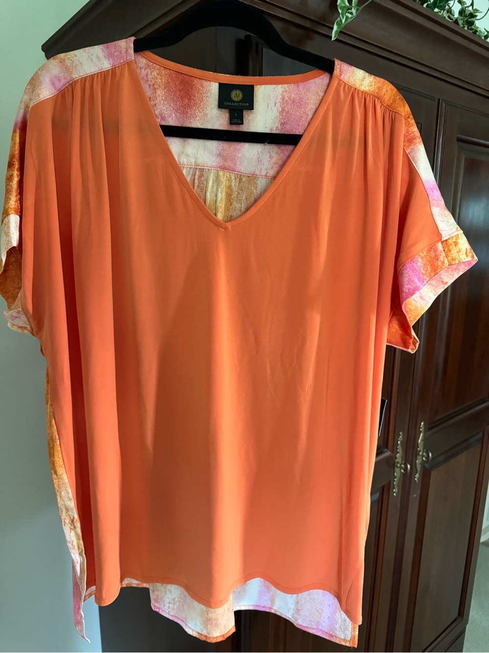 JM Collection Women’s Orange/Pink/White V-Neck Short Sleeve Blouse - Large - NWT
